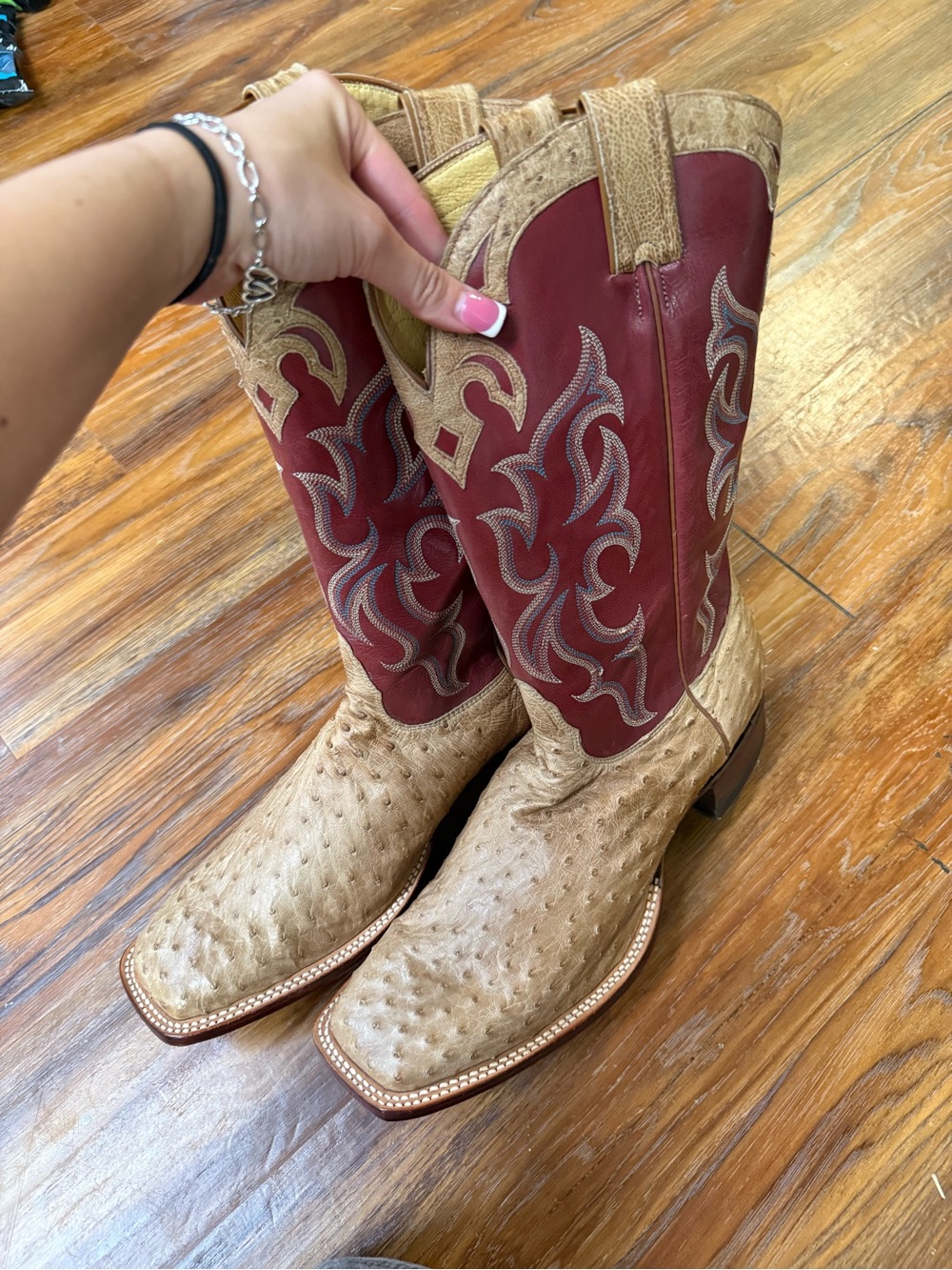 Nocona Two-Tone Ostrich Western Boots in Burgundy & Tan